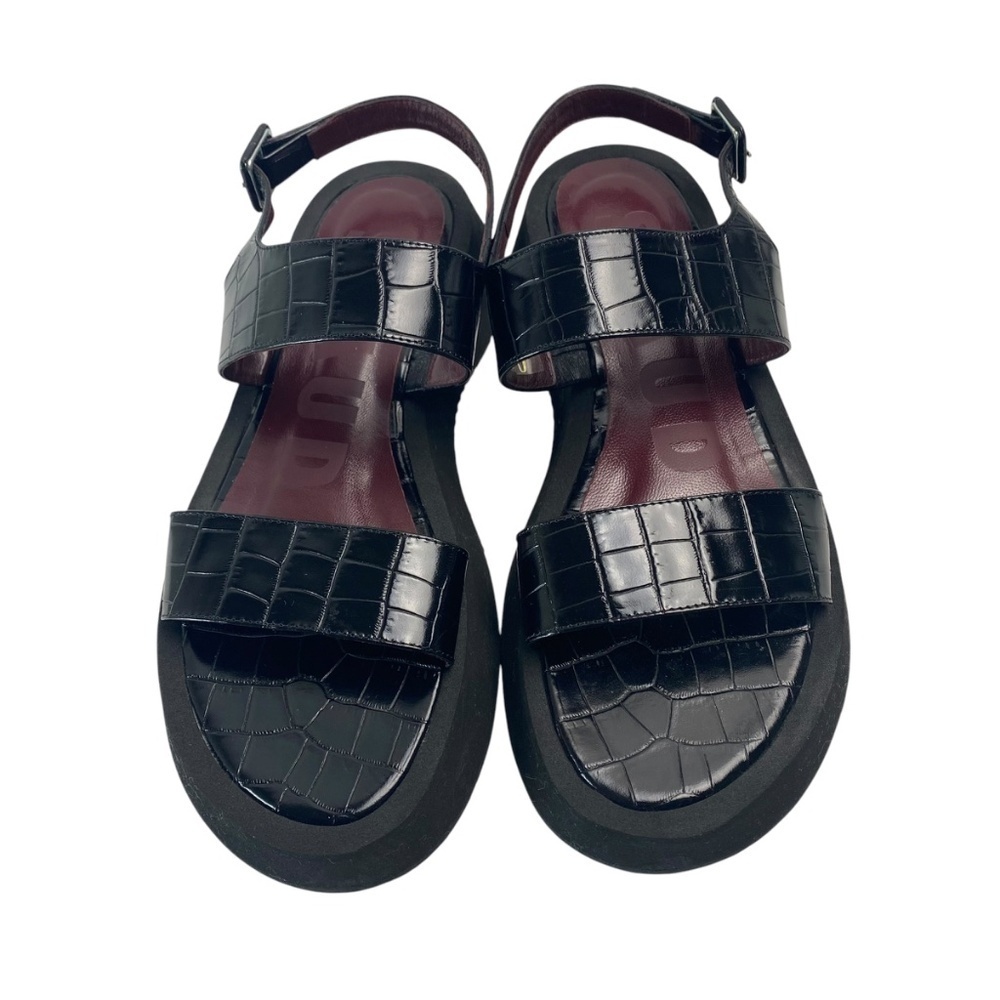 STAUD Black Croc-Embossed Leather Platform Sandals with Burgundy Insole